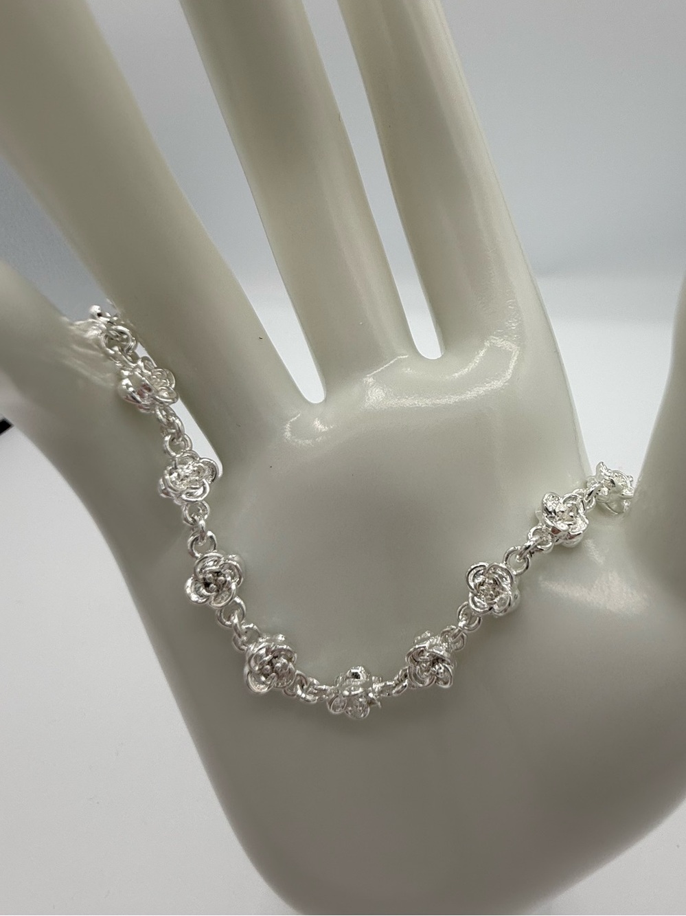 S999 Fine Silver Rose Flower Link Bracelet Floral 8” Elegant Dainty